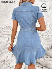 Mobula Sound#时尚休闲度假性感音乐节旅游度假鱼尾纽扣袖口优雅女士连衣裙，蓝色牛仔，春夏 - 藍色 - 查看 6