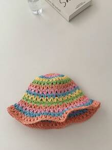 1pc Rainbow Striped Straw Bucket Hat, Women Outdoor Fishing Cap, Woven Striped Bucket Hat, Sun Protection, Large Size - Fixed Fit, Not Recommended For Smaller Heads - Multicolor - View 25