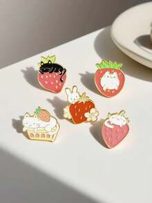 Set de 5 broches de conejo con fresa de aleación de zinc esmaltada, accesorios de broche versátiles como regalo - Multicolor (juego de 5 piezas) - Ver 1