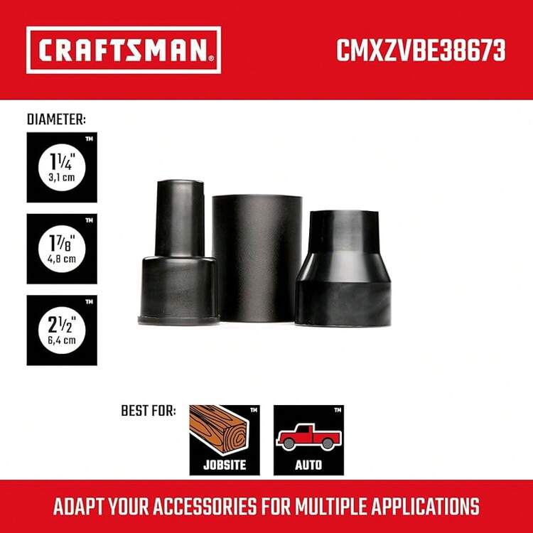 CRAFTSMAN Kit de accesorio para aspiradora de grado industrial - Conector de manguera para aspiradora - 3 piezas - Negro - Plástico - 3 unidades. Kit adaptador. - Añade 3