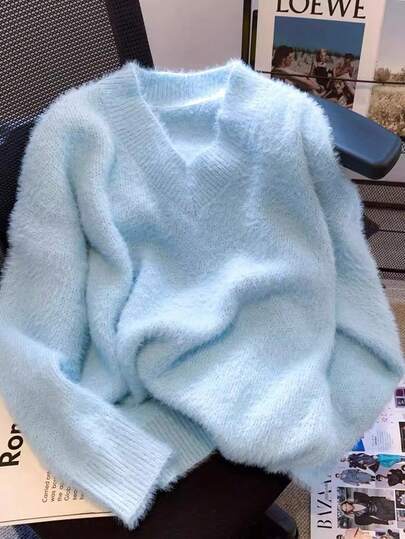 Women's Knitted Plush Long-Sleeved V-Neck Pullover, Regular Version, Classic Simple Casual Style, Suitable For Daily Wear Autumn And Winter Women's Clothing