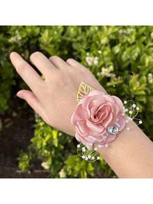 4pcs/Set Pink & Gold Leaf Beaded Wrist Corsage, Crystal Brooch For Bride, Bridesmaid, Wedding Supplies