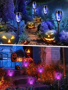 6/4/2/1个太阳能12LED火焰火炬灯，火焰闪烁，太阳能提基火炬灯 - 自动开关，非常适合花园小径和户外景观照明，庭院和院子万圣节装饰（绿色）（紫色）（蓝色）（火焰颜色），适用于各种节日装饰，如感恩节和复活节