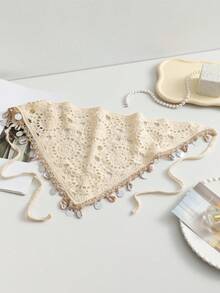 1 pieza Bandana de encaje floral de ganchillo beige estilo bohemio con borlas de conchas marinas, diadema de punto hueco bohemio para vacaciones en la playa - Beis - Ver 2