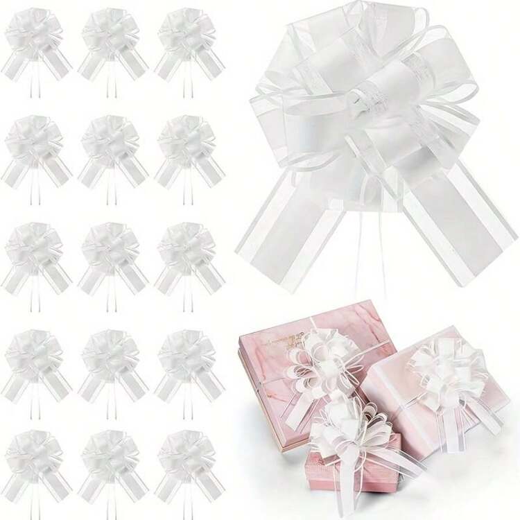 2/4/6/8/10件拉花 - 手绘球花、蝴蝶结丝带花。非常适合圣诞礼品包装、手工项目、婚房装饰、婚车装饰、生日派对和情人节礼物。也非常适合房间装饰和婚礼用品。拉绳丝带（抽绳丝带）适用于礼品包装、婚礼花篮、圣诞装饰、圣诞树装饰、派对和生日。 - 白色 - 查看 9