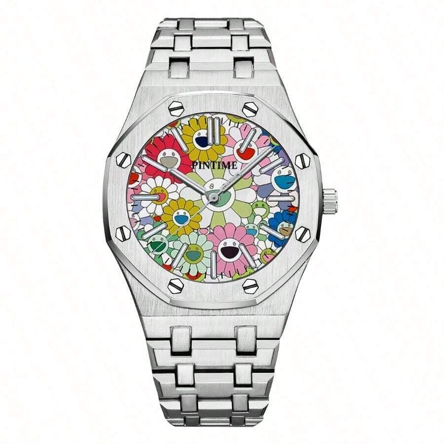 Men's Waterproof Quartz Watch With Daisy Dial – Luxury Alloy Strap, Stylish Round Face, European Style+.. - 銀色 - 查看 1