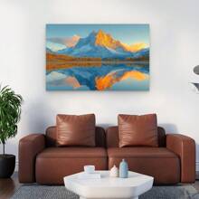 Framed Canvas Minimalist Mountain Sunset Canvas Wall Art - Pine  Framed Reflective Water Scenery With Snow-Capped Peaks & Warm Sky Hues, Ready To Hang Indoor/Outdoor Decor For Living Room, Bedroom, Home Office, Lake House Decor, Tranquil Room Ambiance,  Landscape , 2D Flat, Perfect For Room Decor Living Room Decor - 框架 - 查看 2