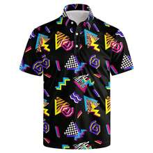 Mens Golf Polo Shirt,  Vintage 80s Style  Dry Fit Performance Short Sleeve Hawaiian Print Shirts Funny Golf Shirts For Men Casual Breathable Polo Shirt - 黑色 - 查看 1