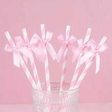 10/20/30/50/100支装粉色条纹蝴蝶结纸吸管，配缎带蝴蝶结，适用于婴儿派对、生日、婚礼、新娘送礼会、蝴蝶主题派对、青少年睡衣派对、派对装饰 - 粉色 - 查看 8