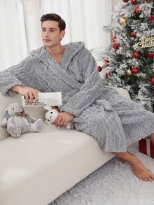 男士一件式柔软舒适提花抓绒长款连帽蓬松浴袍，带口袋，情侣款，加厚双层设计，适合秋冬季节穿着，温暖舒适