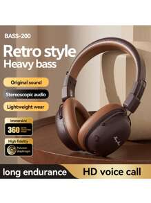 HEAVY BASS 复古无线蓝牙耳机，具有防噪音、可折叠和伸缩设计，低音耳塞带 AUX 功能