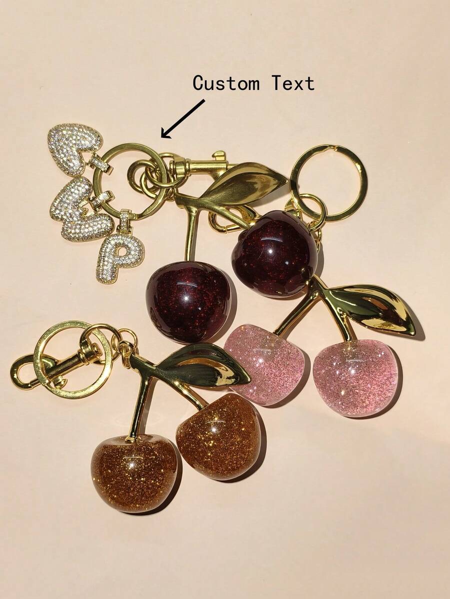 1 件奢华可爱樱桃 3D 泡泡方晶锆石定制简约字母字母钥匙扣，珠宝个性化首字母钥匙扣，适合女性，母亲节礼物，时尚，简约，休闲，复古风格，适合女朋友、妈妈、家人、朋友、女儿、周年纪念、情人节、生日、毕业典礼、日常穿着、婚礼、派对 - 金色 - 查看 1