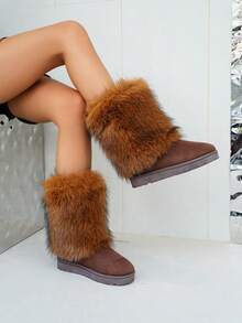 Women's Snow Boots Y2K Solid Color 2025 New Autumn/Winter Non-Slip Plus Size Slip-On Fluffy Faux Fox Fur Boots Thick Warm Fashionable Minimalist Sexy Luxury Slim Fuzzy Shoes Elegant Faux Fur Patchwork Party Brown