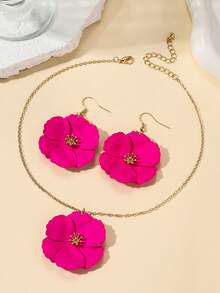 1 Set Asymmetrical Multi-Layer Metal Flower Pendant Necklace & Earrings, For Women - Hot Pink - View 3