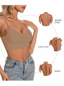 女士无背无缝文胸，夏季无肩带文胸，性感文胸，新娘内衣，3种肩带选择，无缝透气，可调节肩带，轻盈舒适，适合婚礼、正式礼服、吊带裙等场合。 - 咖啡棕 - 查看 3