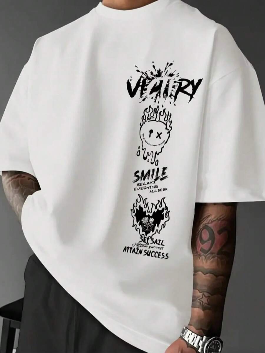 Krometka 男士个性化街头标语和火焰图案短袖上衣，艺术