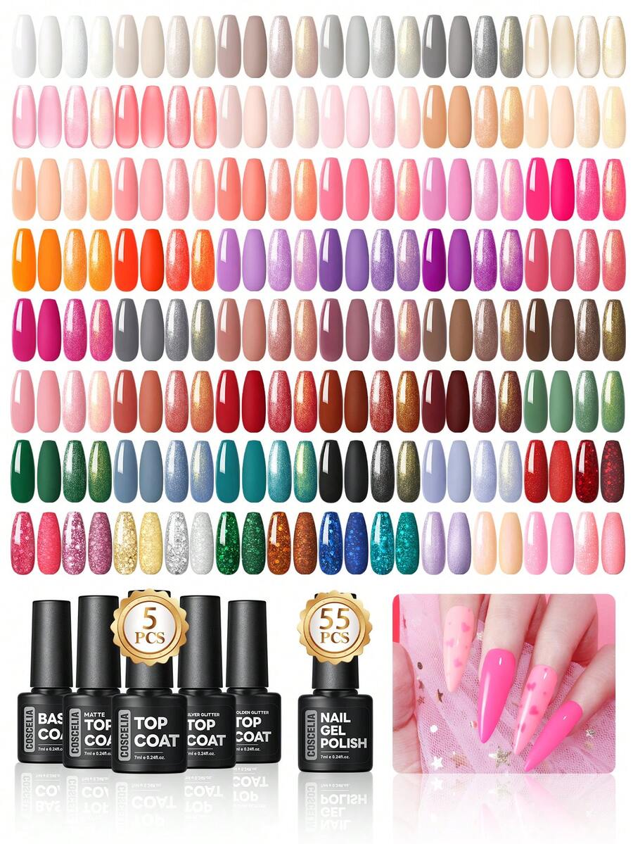 60PCS Gel Nail Polish Kit Glitter Green Pink Gel Polish Kit 5pcs Base Top Coat & Silver Golden Glitter Top Coat Set For Women 55 Colors Gel Polish Set Manicure Salon Gift Nail Art DIY Kit - Sweet Desires - 查看 1