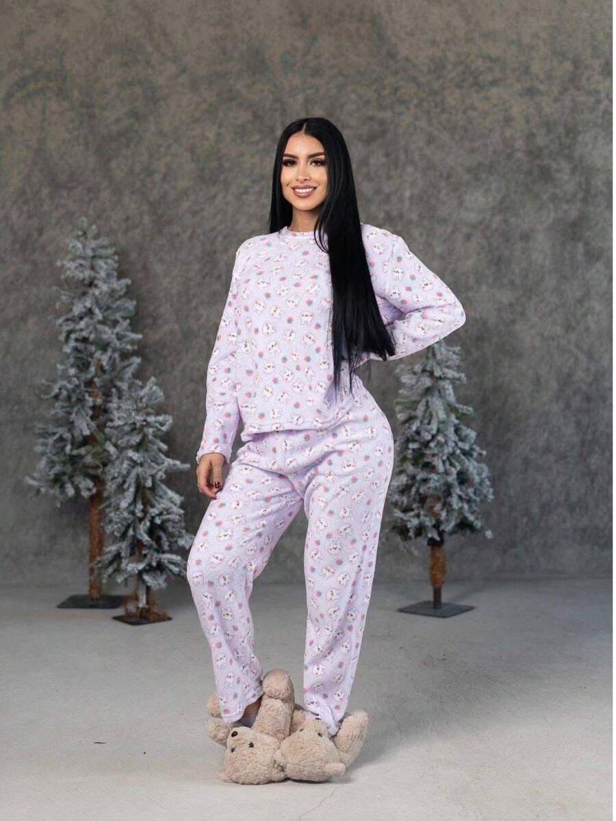 PIJAMA AFELPADA PARA DAMA CONJUNTO DE 2 PIEZAS PANTALON Y PLAYERA DE MANGA LARGA - Lila Púrpura - Ver 1
