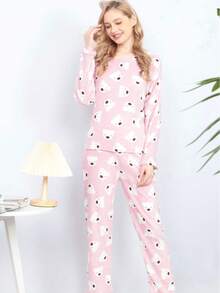 PIJAMA AFELPADA PARA DAMA CONJUNTO DE 2 PIEZAS PANTALON Y PLAYERA DE MANGA LARGA - Rosa - Ver 3