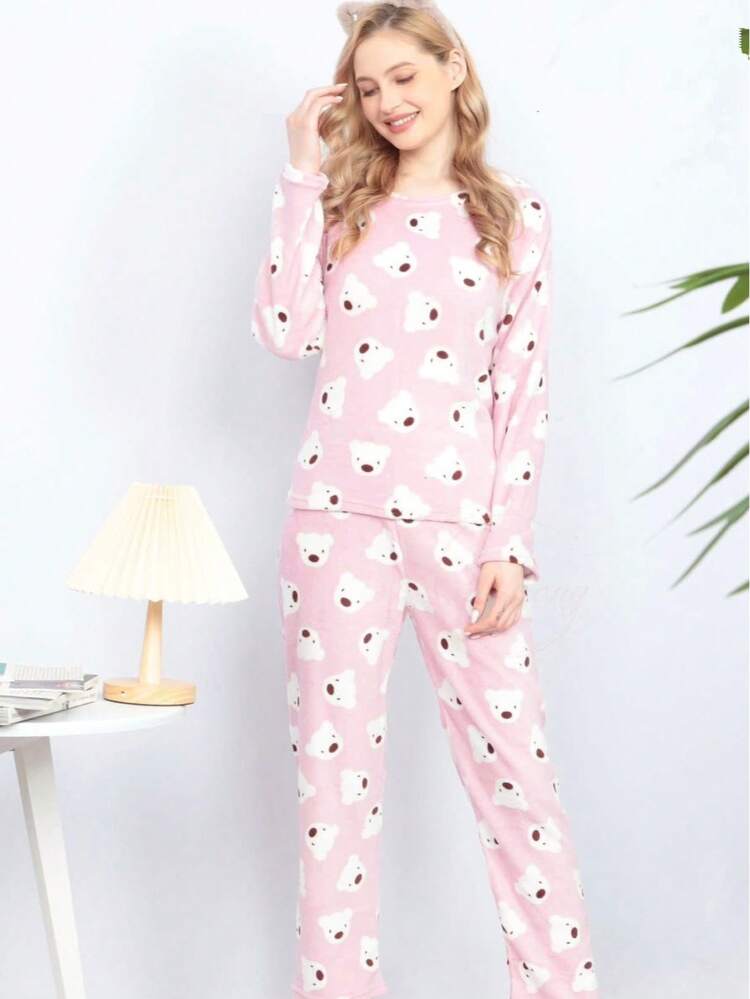 PIJAMA AFELPADA PARA DAMA CONJUNTO DE 2 PIEZAS PANTALON Y PLAYERA DE MANGA LARGA - Rosa - Añade 3