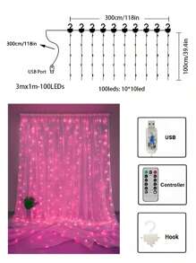1 件 LED 铜线窗帘灯串 3*1 米 /3*2 米 /3*3 米 USB 遥控器带挂钩房间装饰灯氛围彩色灯串，情人节氛围装饰，适用于家庭、派对、节日、婚礼、生日、乡村、节日、季节性装饰、新年、春节 - 白色 - 查看 22