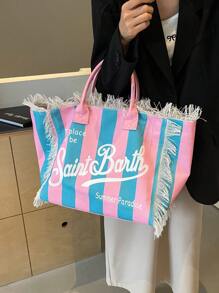 Borsa a tracolla in tela a righe, nuova borsa a frange Dopamine, borsa da pendolare di grande capacità alla moda, stampa a righe casuale