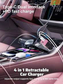 W&O 4 In 1 Retractable Car Fast Charger In Mech-Style 65W Charger Car Charger With Retractable Cablea And Multi-Port Usb C Holiday Gifts,Car Essential,Room Decor,Compatible With Iphone,Halloween Gift,Fast Charger - 粉色 - 查看 10