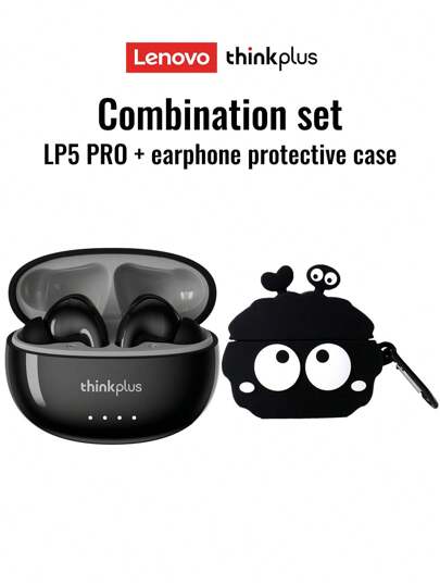 Lenovo 联想 LP5PRO 蓝牙耳机和保护壳组合套装，半入耳式，立体声，高清语音通话带麦克风，音乐，游戏，运动，低延迟，超长电池寿命，硅胶耳塞，被动降噪，无线耳塞