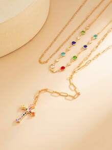 3pcs/Set Elegant Cross Rhinestone Pendant Necklace Set, Suitable For Women's Daily Wear