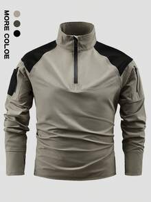 1 pieza Traje de rana con múltiples bolsillos para hombre, sudadera con cremallera de retazos para deportes al aire libre, pesca con cuello alto, parte superior con diseño de retazos destacado - Caqui - Ver 2
