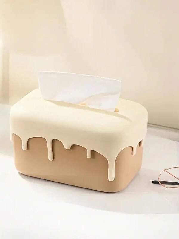 1pc Decorative Tissue Box Cover - Soft Touch, Spring Mechanism, Non-Washable Plastic, Square Design, Beige And Brown Drip Details, Ideal For Bathroom Decor And Storage, Bathroom Accessories | Glossy Surface Finish | Drip Effect Design, Bathroom Decor And Accessories