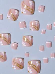 24Pcs Square Toenails Flower Gold Powder White French Tip Press On Nail Short Almonds Perfect Fit Acrylic False Nails Set, Include: 1Jelly Glue And 1 Nail File, Suitable For Women And Girls Daily Life And Party Use Nail Supplies Nails - View 3