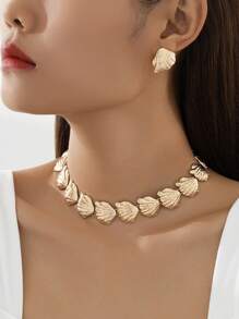 3pcs Bohemian Exaggerated Ocean Life Alloy Shell Necklace & Earring Set, Women's Beach Holiday Choker Necklace, Gift For Her