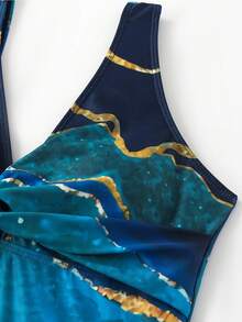 Women's One-Piece Swimsuit With Cover-Up Set Beach Wrap Dress Multi-Color Gradient Print Women's Swimsuit (Tummy Tuck) - 寶藍色 - 查看 4