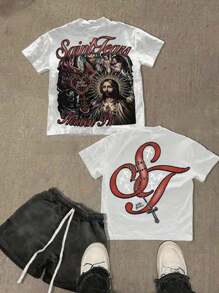 (220 Cotton T-Shirt Double-Sided Printing)  The Faith Of Jesus  Pattern Men's Casual Soft 100% Cotton All-Match Crew-Neck Short-Sleeved T-Shirt - 白色 - 查看 1