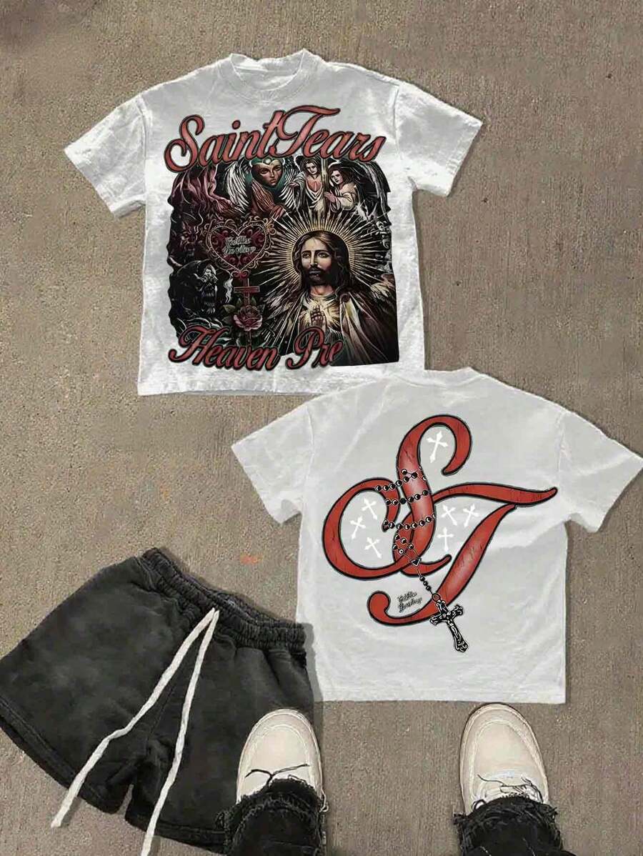 (220 Cotton T-Shirt Double-Sided Printing)  The Faith Of Jesus  Pattern Men's Casual Soft 100% Cotton All-Match Crew-Neck Short-Sleeved T-Shirt - 白色 - 查看 1