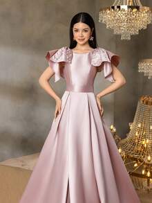 Alisa&Leo 少女缎面晚礼服，肩部饰有珍珠蝴蝶结，适合毕业舞会、婚礼宾客、正式晚宴和盛大晚宴等正式场合。 - 香檳色 - 查看 6