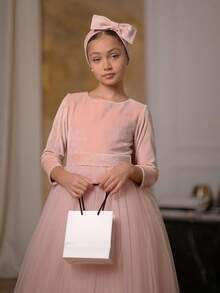 Vestido elegante de terciopelo rosa con lazo y cisne para niña preadolescente, vestido de princesa adecuado para fiesta de cumpleaños, banquete, baile de graduación, dama de honor de boda, Acción de Gracias, graduación - Rosa Pálido - Ver 4