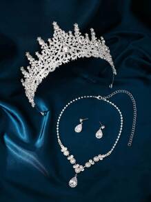 Set de bijuterii elegante și luxoase cu colier și cercei cu coroană, 4/3 buc., potrivit pentru spectacole, nunți cu flori, petreceri de prințesă, ceremonii de premiere, prezentări de modă și alte ocazii, set de bijuterii decorative și accesorii de păr pentru copii, în stil regal la modă.