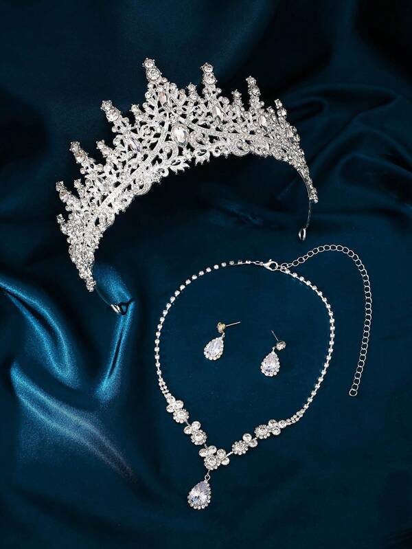 4 pièces/3 pièces Ensemble de bijoux collier et boucles d'oreilles couronne élégant et luxueux pour les filles, convient pour les représentations, les mariages, les demoiselles d'honneur, les fêtes de princesses, les cérémonies de remise de prix, les défilés et autres occasions. Ensemble de bijoux et d'accessoires pour cheveux de style royal à la mode pour enfants