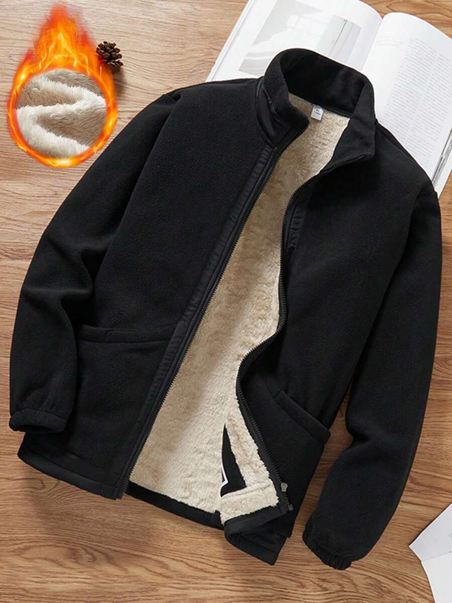 Men's Solid Color Simple Casual Zip-Up Jacket With Thermal Lined For Outdoor, Plush And Thickened Jackets,Men Winter Clothes,With Pockets, Suitable For Boyfriend/Husband Everyday Wear, Autumn/Winter - 黑色 - 查看 1