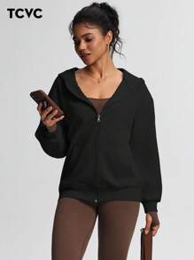 TCVC 女士休闲拉链连帽衫，舒适针织面料，宽松长袖，适合室内/室外瑜伽和休闲活动，秋冬季