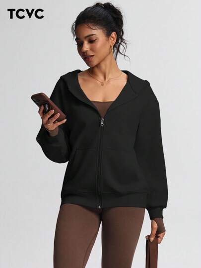 TCVC 女士休闲拉链连帽衫，舒适针织面料，宽松长袖，适合室内/室外瑜伽和休闲活动，秋冬季