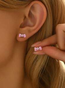 2pcs Lightweight Luxurious High Glitter Pink Bow Earrings, 925 Sterling Silver Women's Earrings, Elegant Jewelry Gift For Women, Valentine's Day Birthday, Everyday Wear - Pink Bow Earrings - View 2