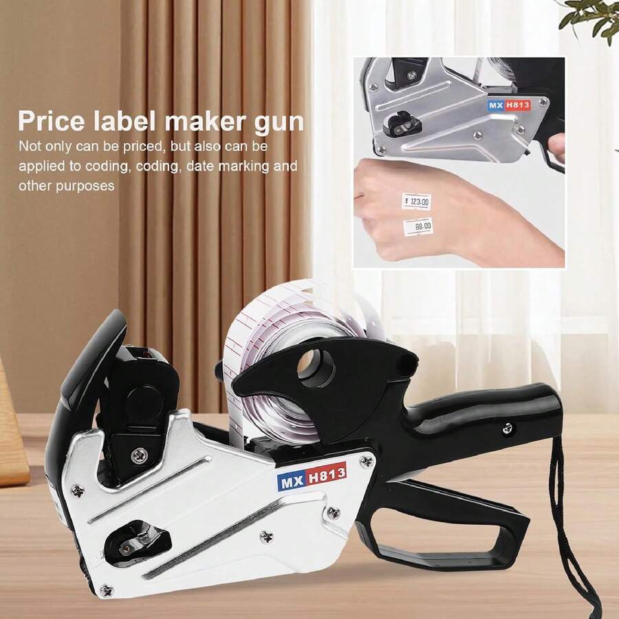 8 Dígitos Precio Tag Gun Set, 8 dígitos de una sola  de impresión clara Multi Funcional Precio Marcado de la máquina etiquetadora de precios Herramienta para Supermercado Oficina Tienda al por menor - Fácil de usar, clara impresión - Negro - Ver 1