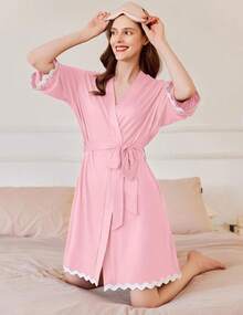 Women Kimono Robe 3/4 Sleeves Loungewear Dress Knee Length Sleepwear Pockets Housecoat Short Bathrobe S-XXL - 藏蓝色 - 查看 7