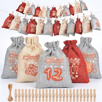 24pcs/Set Christmas Gift Bags, Printed 1-24 Numbers On Linen-Like Drawstring Gift Bags With Jute Ropes & Clips, Suitable For Christmas Party, Decoration, Tree Hanging