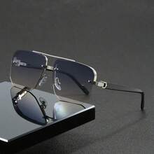 2025 Gafas de sol cuadradas de doble puente de estilo caliente transfronterizo, personalidad europea y americana, gafas de piloto de media montura simples para hombres y mujeres - Película gris azulada con marco plateado - Ver 2
