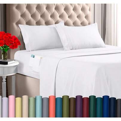 Queen Sheet Set Soft Microfiber 4 Piece Hotel Luxury Bed Sheets For Women Men Teens With Side Storage Deep Pocket Fitted Sheet Pillow Cases Flat Sheet White