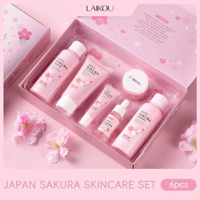 LAIKOU 日本丽光樱花护肤六件套，提亮肤色，深层滋养肌肤，礼盒包含：17ml 面部精华、15g 眼霜、100ml 爽肤水、100ml 化妆水、50g 洁面泡沫、25g 面霜，抗衰老护肤，适合女性、妈妈、妻子、姐妹、青少年、女友，亦可作为婚礼/水疗礼品。